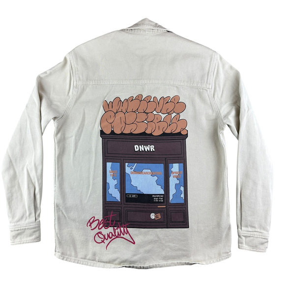 Zara DNWR Beige Denim Button Front Shacket Graphic Jacket Streetwear Size SMALL - Picture 4 of 10